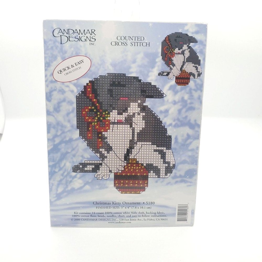 NEW Candmar Designs Christmas Kitty Ornament #5180 Counted Cross Stitch Vtg 2000